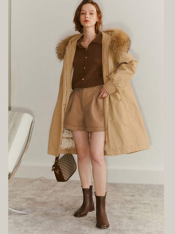 veraveins2020秋冬季卡其色带毛领大衣