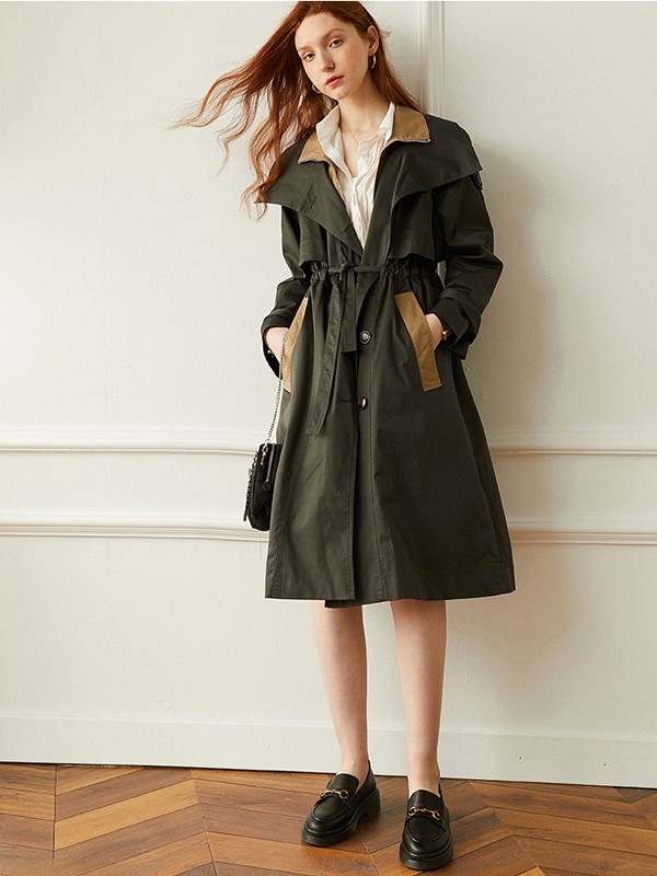 veraveins女装2020秋冬季墨绿色纯色风衣