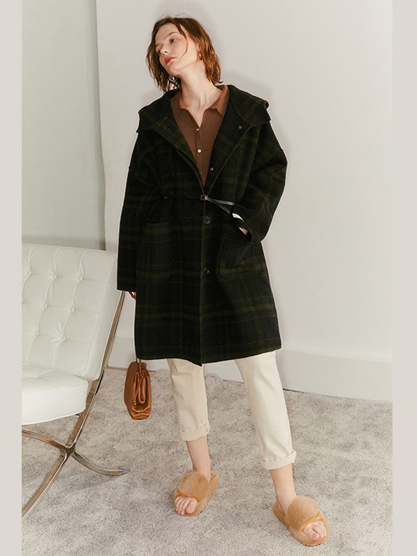 veraveins女装2020秋冬季墨绿色格子大衣