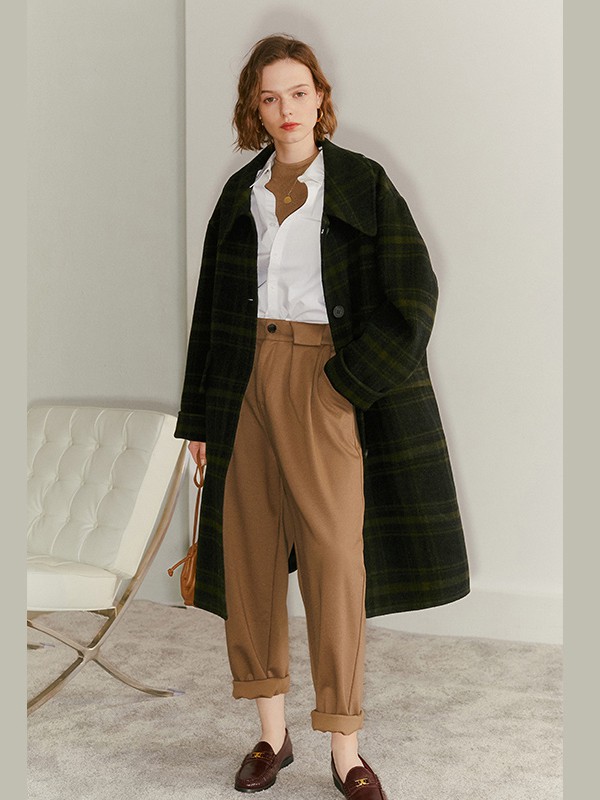 veraveins2020秋冬季墨绿色格子大衣