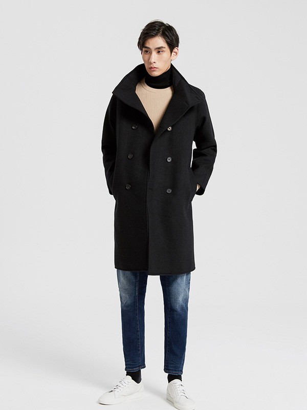 me&city休闲装2020秋冬季黑色翻领大衣