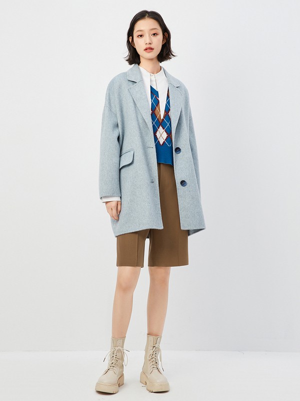 诗凡黎2020秋冬季蓝色纯色大衣