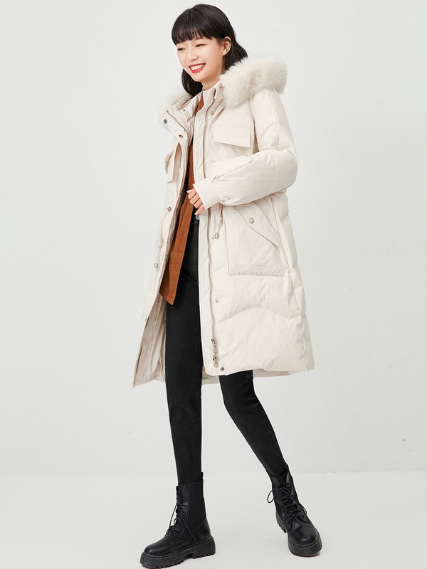 诗凡黎女装2020秋冬季白色带毛领羽绒服