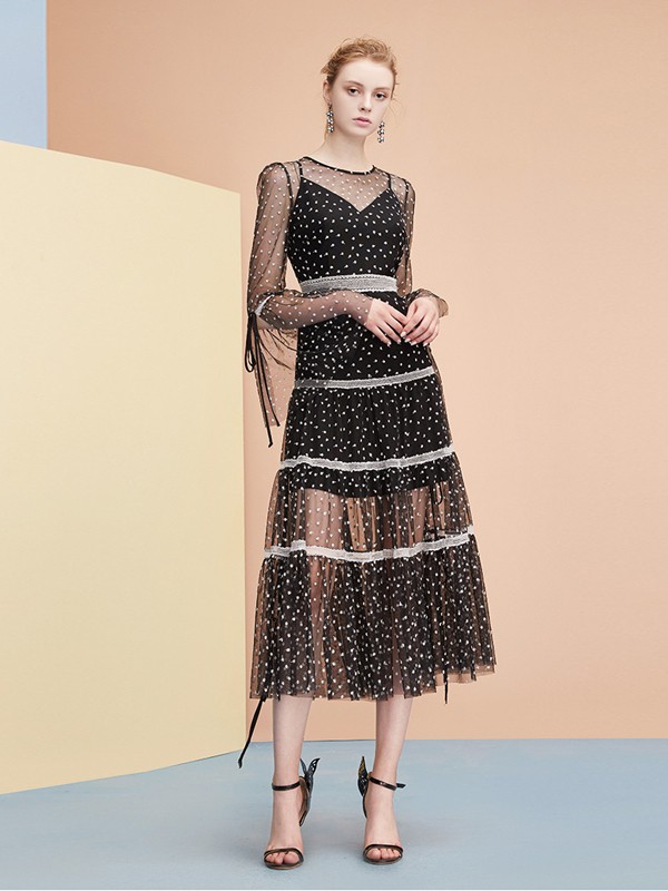 可可尼2020春夏季黑色波点连衣裙