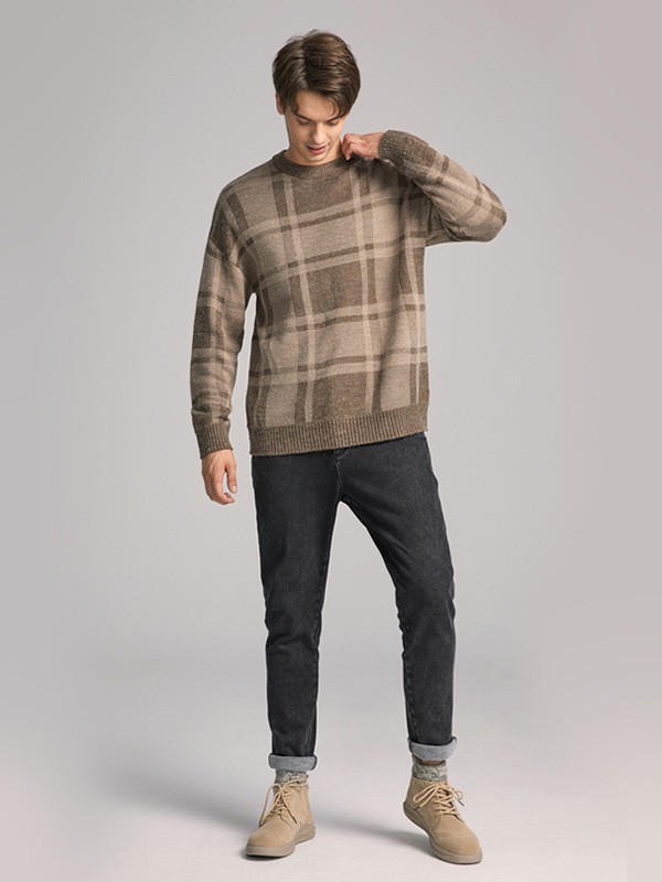 千纸鹤2020秋冬季咖啡色格子毛衣