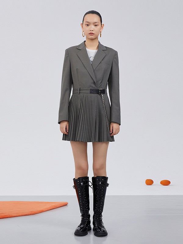 RE'VAN2020秋冬季灰色收腰连衣裙