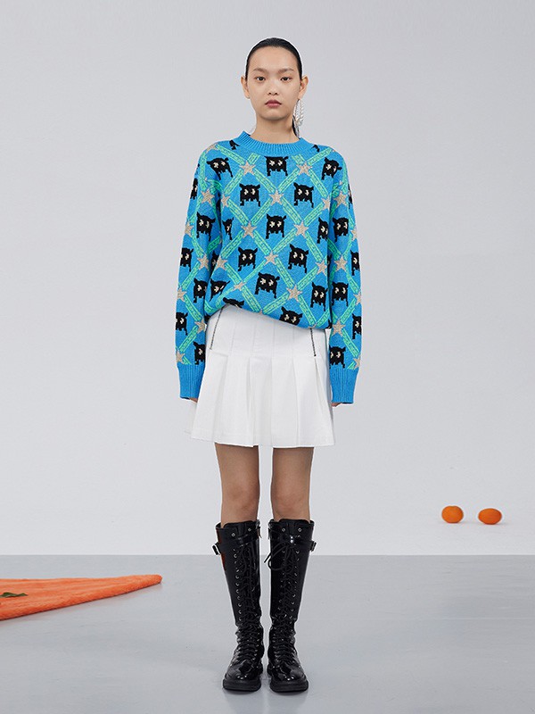 RE'VAN2020秋冬季蓝色图案毛衣