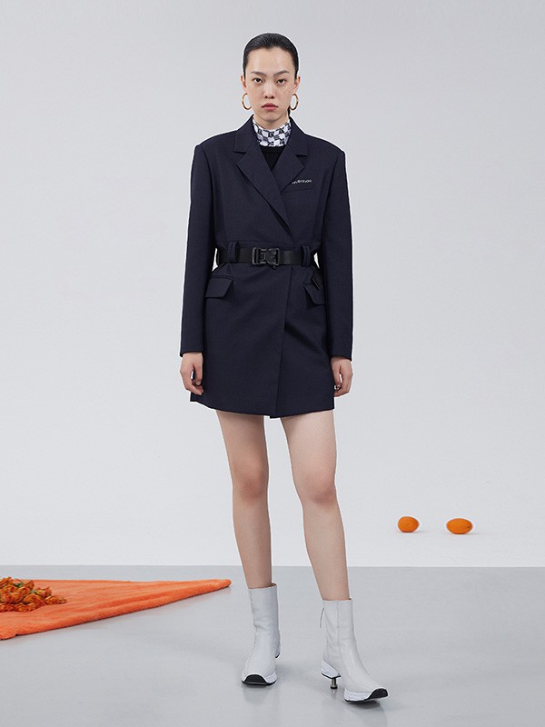 RE'VAN2020秋冬季藏蓝色收腰连衣裙