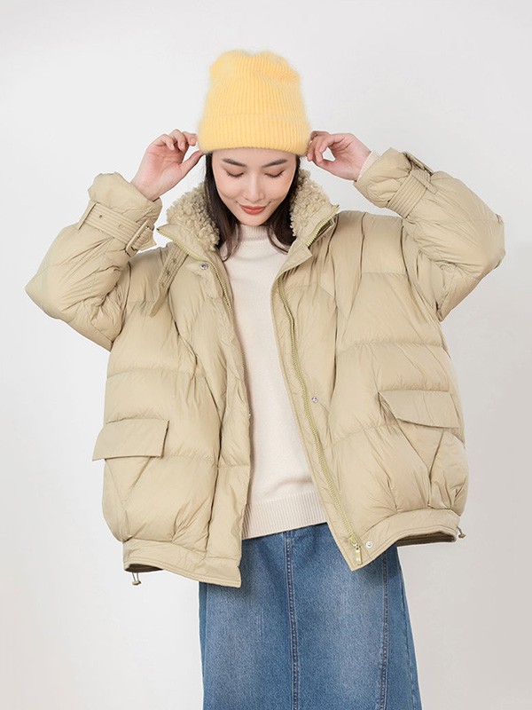 片断女装2020秋冬季杏色宽松羽绒服