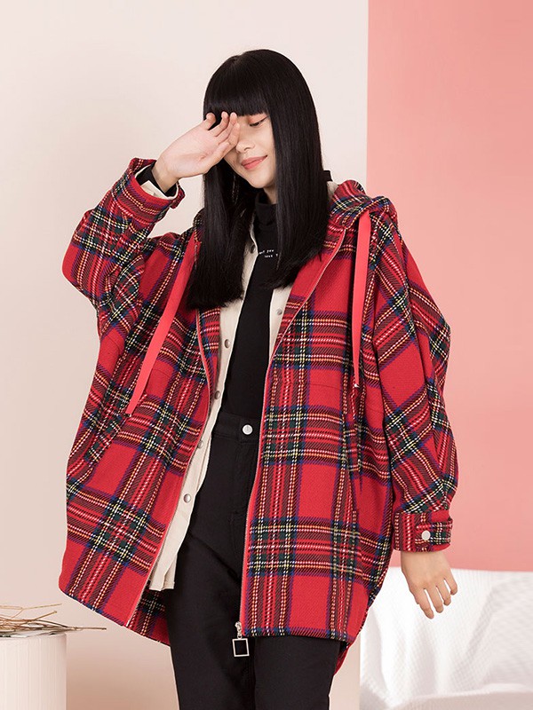 片断女装2020秋冬季红色格子外套