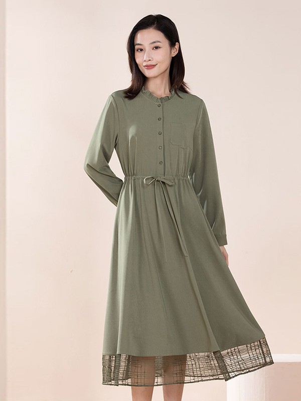 片断女装2020秋冬季绿色宽松连衣裙