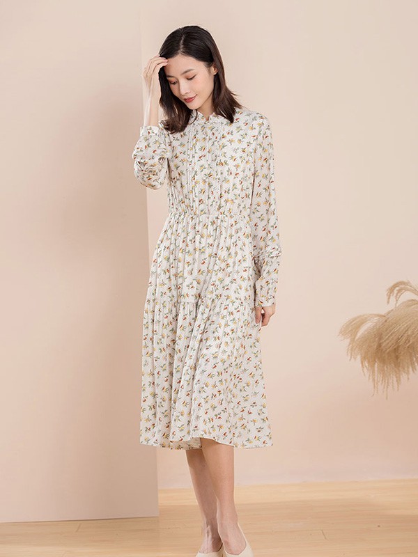 片断女装2020秋冬季白色印花连衣裙