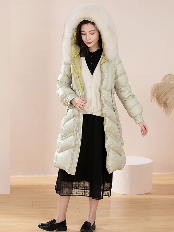 片断女装2020秋冬季绿色带毛领羽绒服