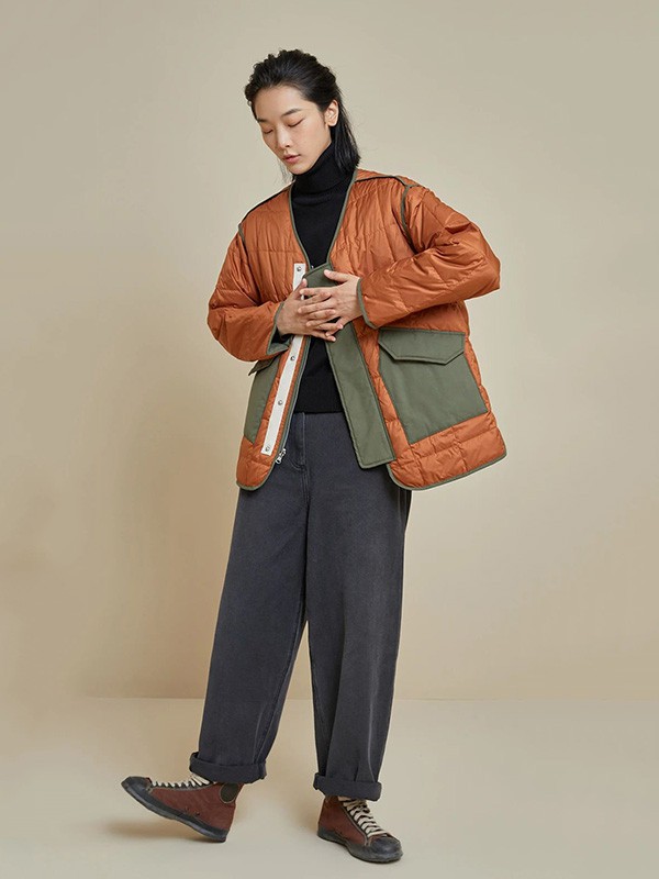 幻走女装2020秋冬季橙色撞色羽绒服