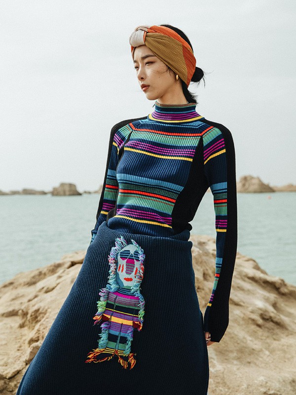 幻走女装2020秋冬季拼色修身针织衫