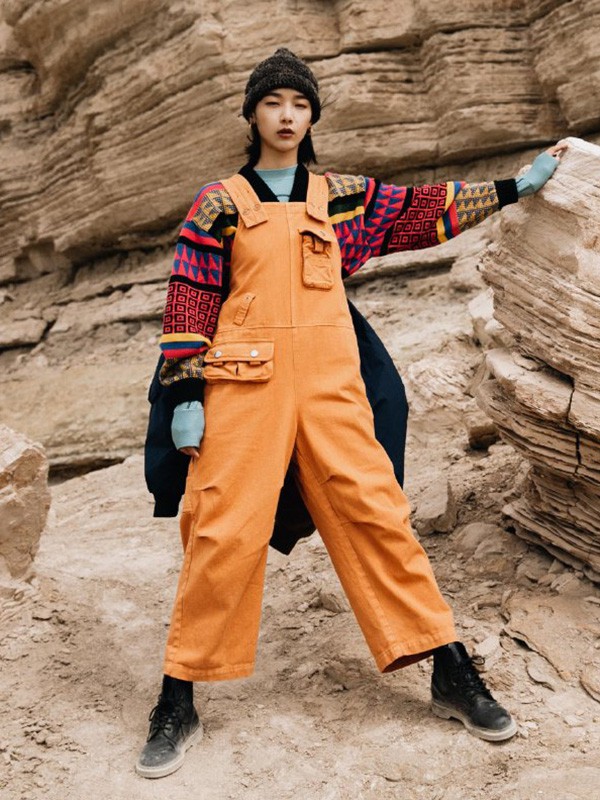 幻走女装2020秋冬季橙色宽松背带裤