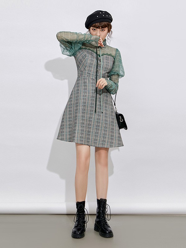 六町目女装2020秋冬季绿色格子连衣裙