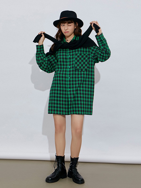 六町目女装2020秋冬季绿色格子衬衫