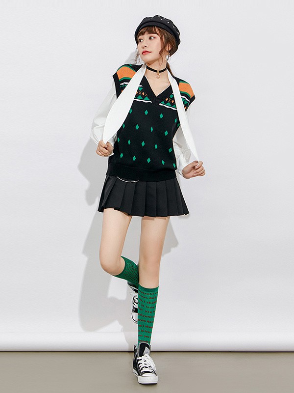 六町目女装2020秋冬季黑色撞色背心