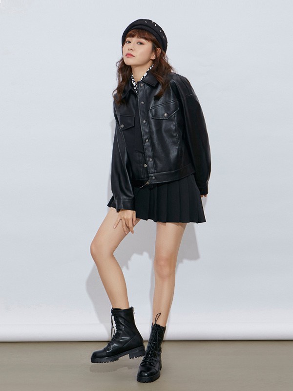 六町目女装2020秋冬季黑色亮面皮衣