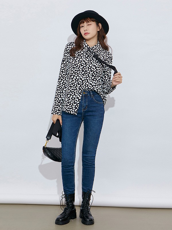 六町目女装2020秋冬季黑色印花衬衫