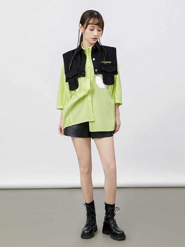 六町目女装2020秋冬季绿色拼接衬衫