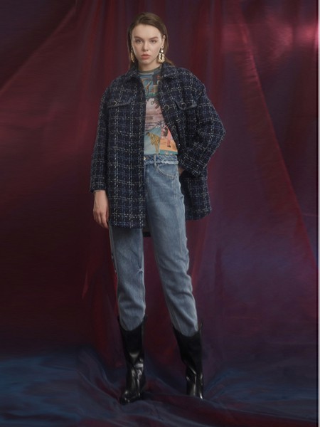 杰茜莱2020秋冬季藏蓝色格子外套