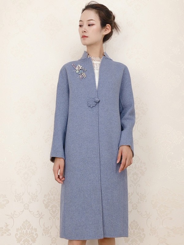 木帛2020秋冬季蓝色长款大衣