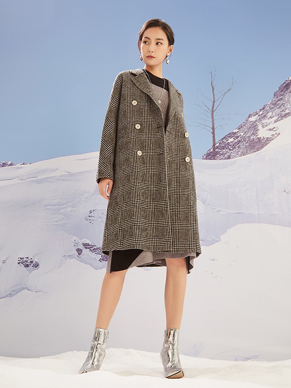 CC&DD女装2020秋冬季灰色格子大衣