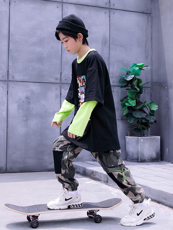 HohTot2020秋冬季黑色拼接T恤