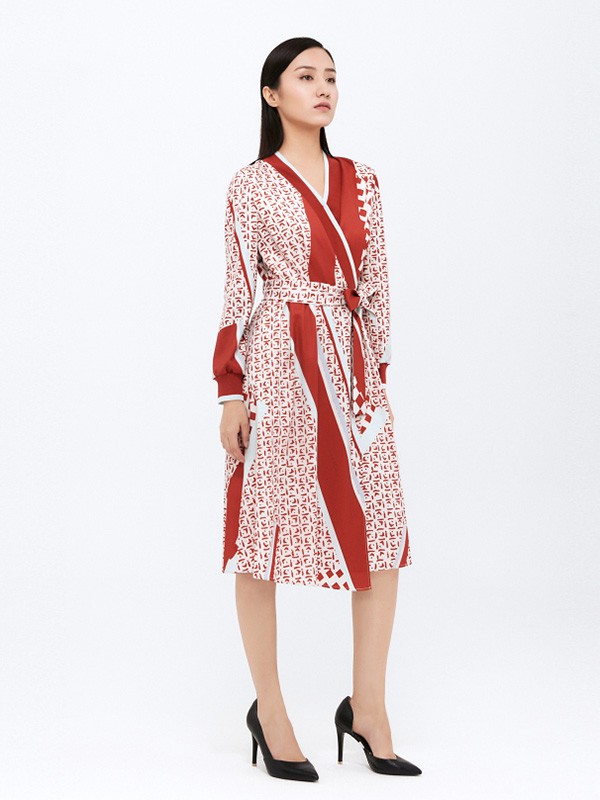 蓝地2020秋冬季红色撞色连衣裙