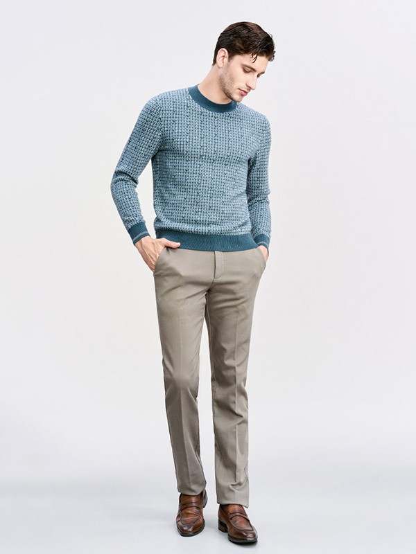 乔顿2020秋冬季蓝色撞色针织衫