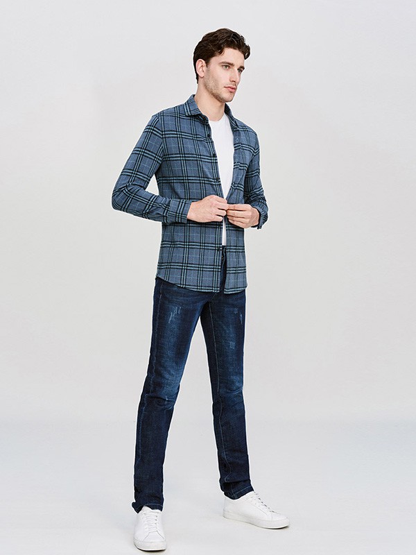 乔顿2020秋冬季蓝色格子衬衫