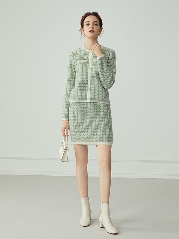 范思蓝恩女装2020秋冬季绿色格子套装