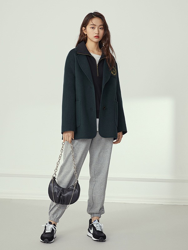 范思蓝恩女装2020秋冬季墨绿色宽松大衣