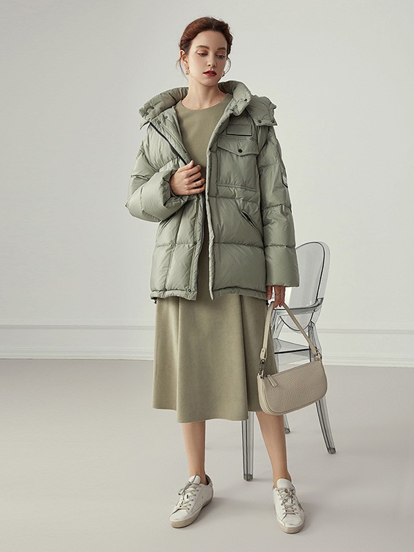 范思蓝恩女装2020秋冬季绿色连帽羽绒服