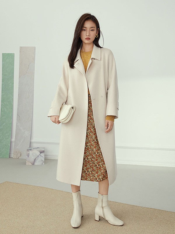 范思蓝恩女装2020秋冬季米色长款大衣