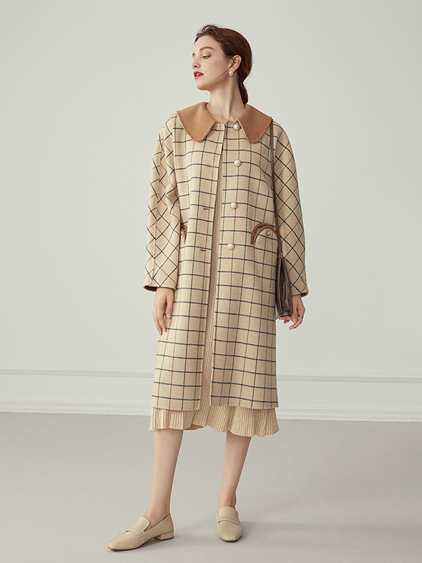 范思蓝恩女装2020秋冬季黄色格子大衣