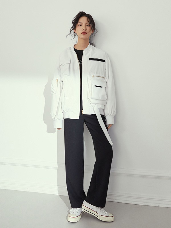 范思蓝恩女装2020秋冬季白色撞色外套