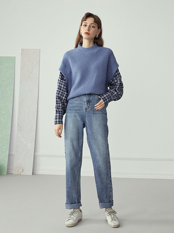 范思蓝恩女装2020秋冬季蓝色无袖毛衣