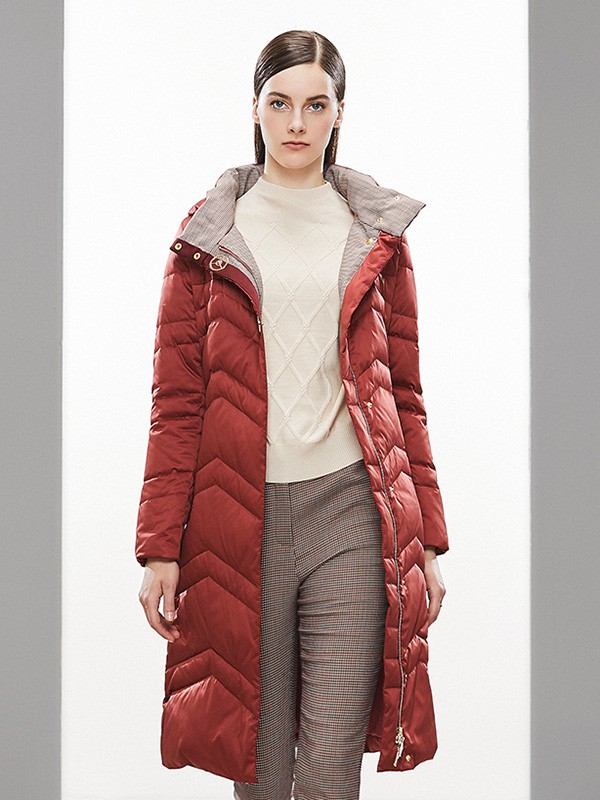 奥菲曼2020秋冬季红色长款棉服