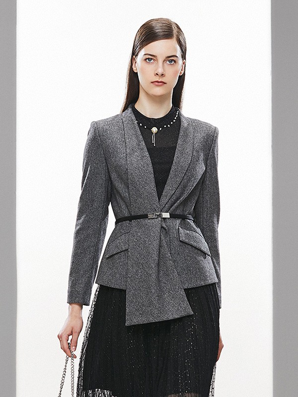 奥菲曼2020秋冬季灰色收腰外套