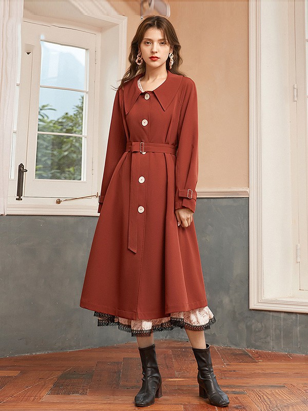 奢步士2020秋冬季酒红色长款风衣