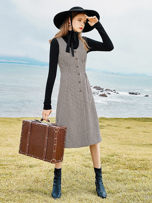 奢步士2020秋冬季灰色格子背带裙