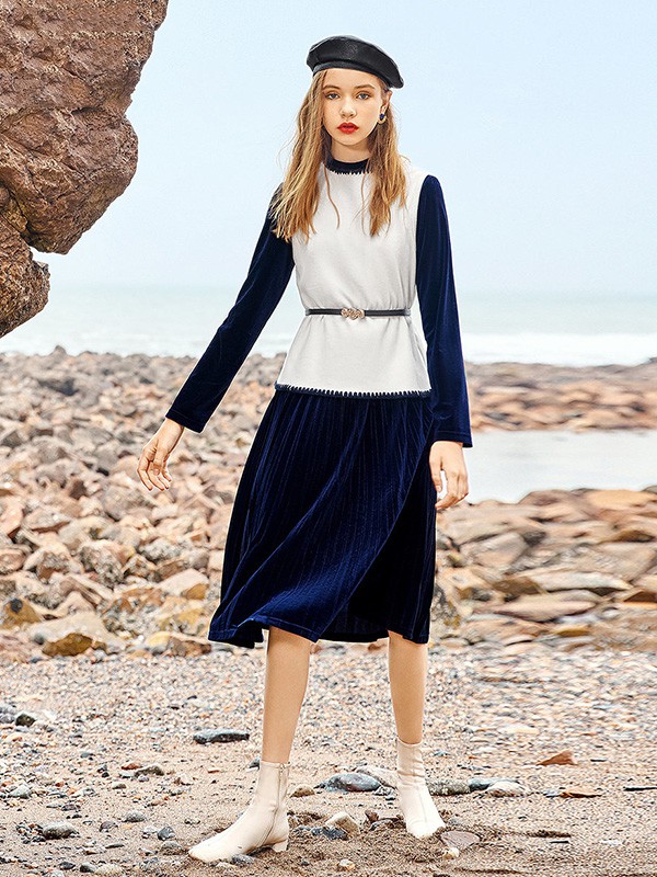 奢步士2020秋冬季拼色拼接连衣裙