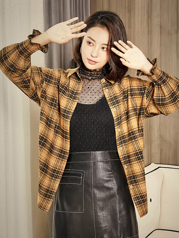 米多立2020秋冬季黄色格子衬衫