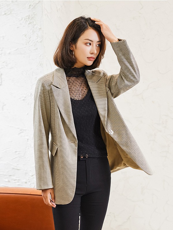 米多立2020秋冬季卡其色格子外套