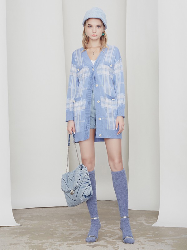 JESSICA2020秋冬季蓝色格子针织衫