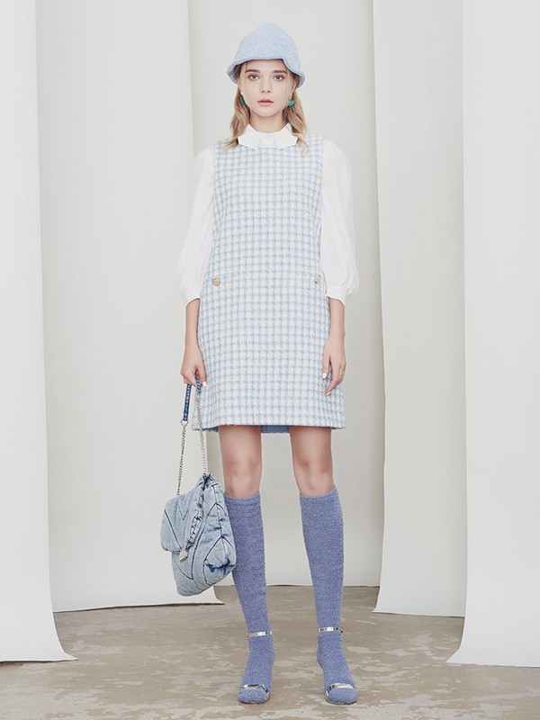 JESSICA2020秋冬季浅蓝色格子连衣裙