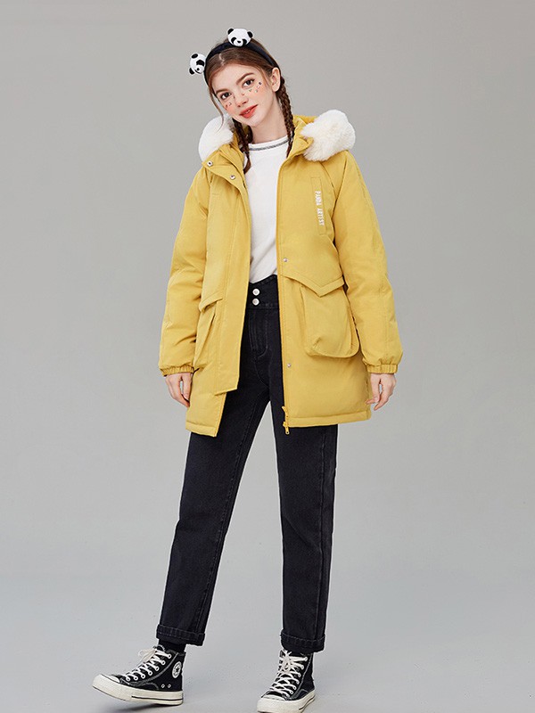 奢步士2020秋冬季黄色带毛领羽绒服